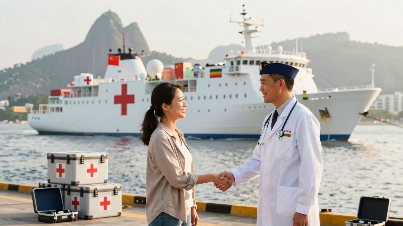 Mulher e médico com bata branca apertam as mãos junto a cais com navio hospital ao fundo.