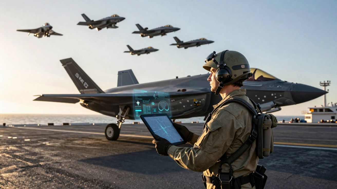 Militar com equipamento tático usa tablet em porta-aviões com jatos militares F-35 em voo e no chão.