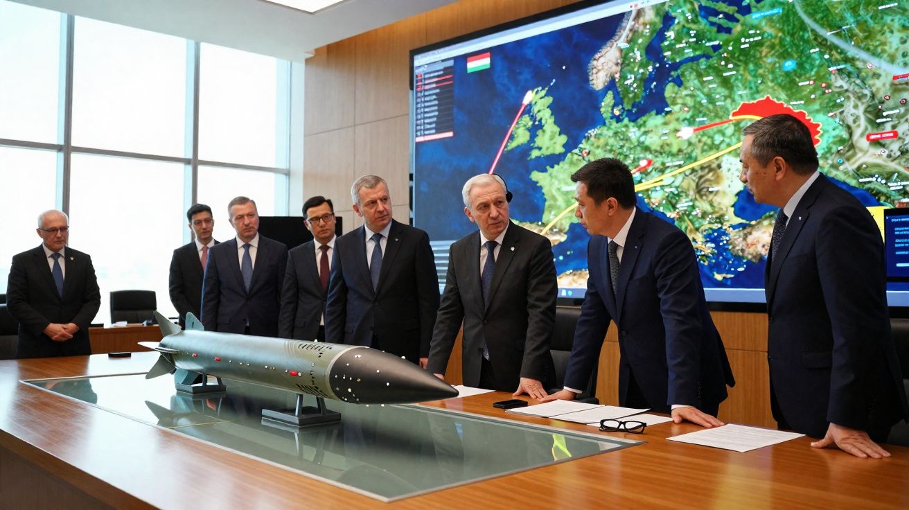 Homens de negócios em reunião oficial em sala com mapa digital e modelo de míssil sobre mesa.