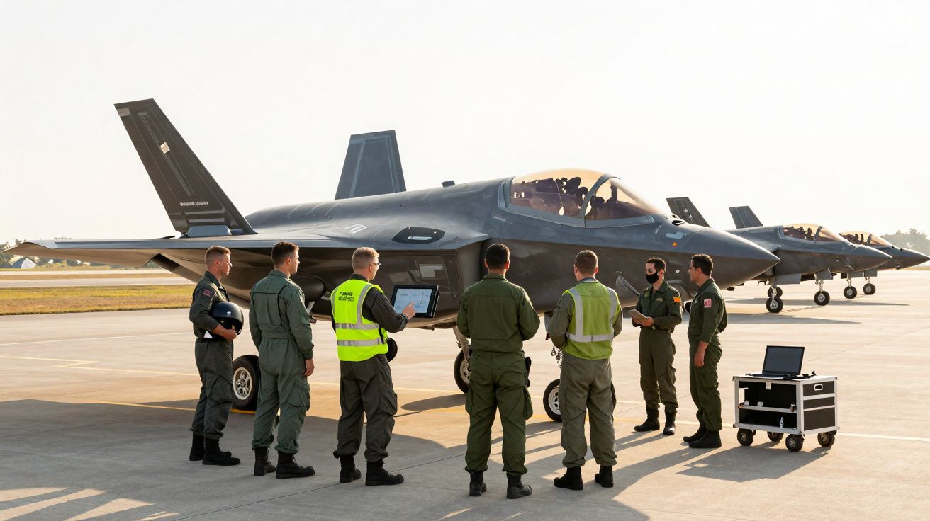Pilotos e técnicos militares reunidos junto a dois aviões de caça estacionados num aeroporto ao pôr do sol.