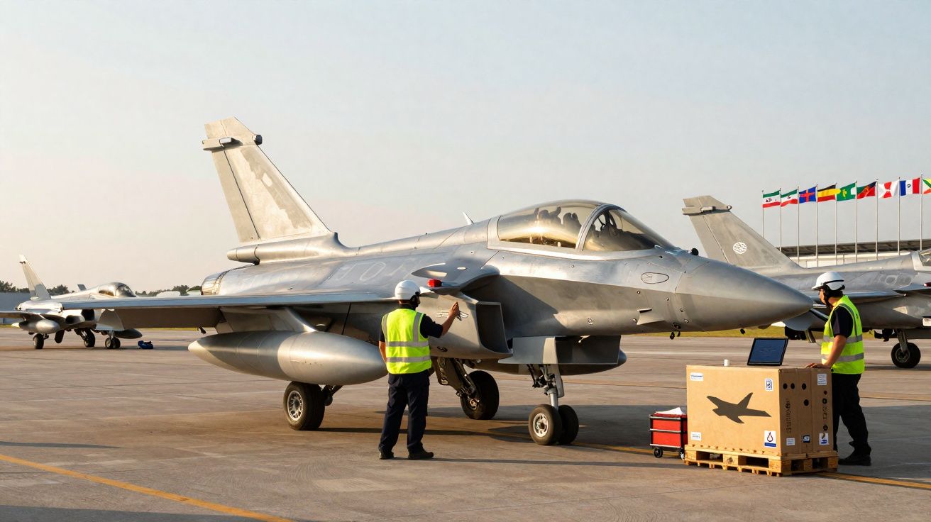 Avião militar de combate estacionado no aeroporto com duas pessoas a inspecionar e caixas ao lado.