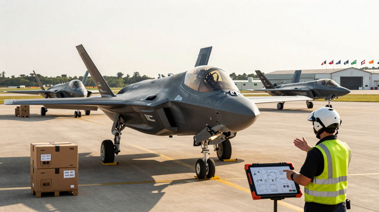 Aviões militares estacionados num aeródromo com operador a marcar ordens, caixas próximas e bandeiras ao fundo.