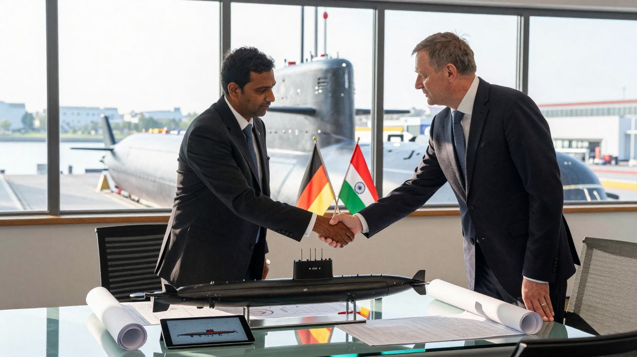 Duas homens apertam as mãos junto a uma maquete de submarino, com bandeiras da Alemanha e Índia ao fundo.