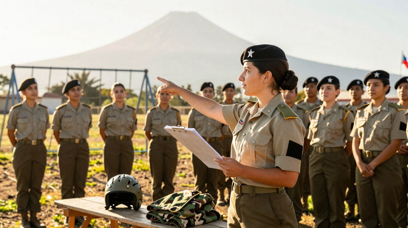 Mulheres militares em uniforme formando fila ao ar livre com montanha ao fundo, recepção de ordens.