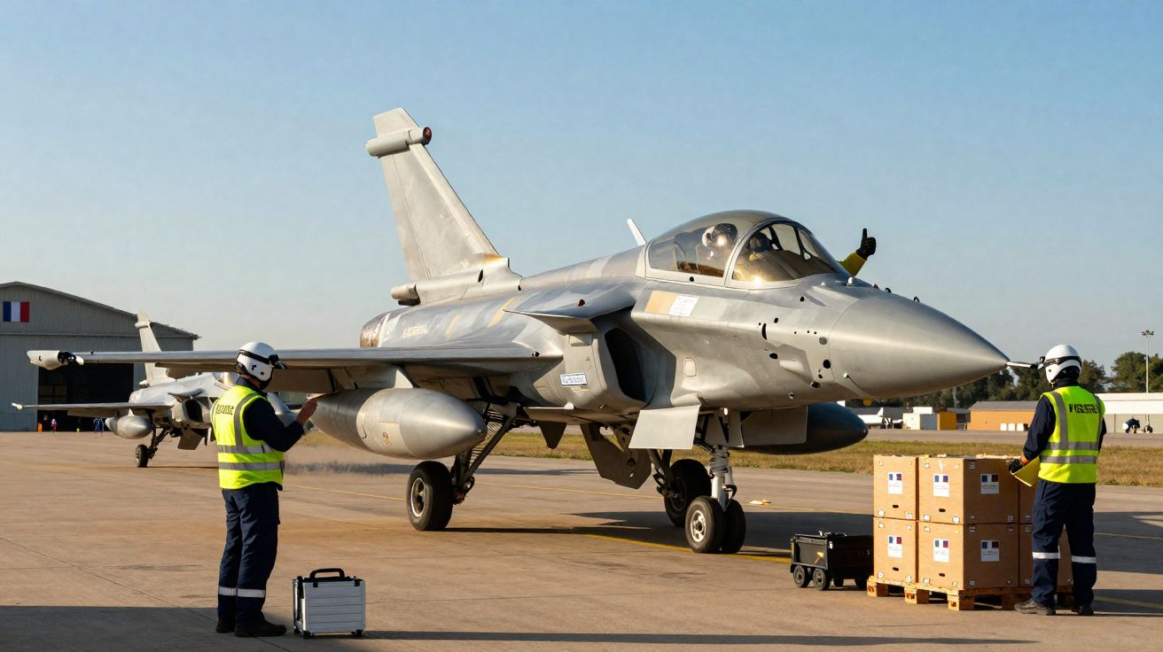 Caça militar estacionado em pista com dois técnicos em coletes refletivos a preparar equipamento.