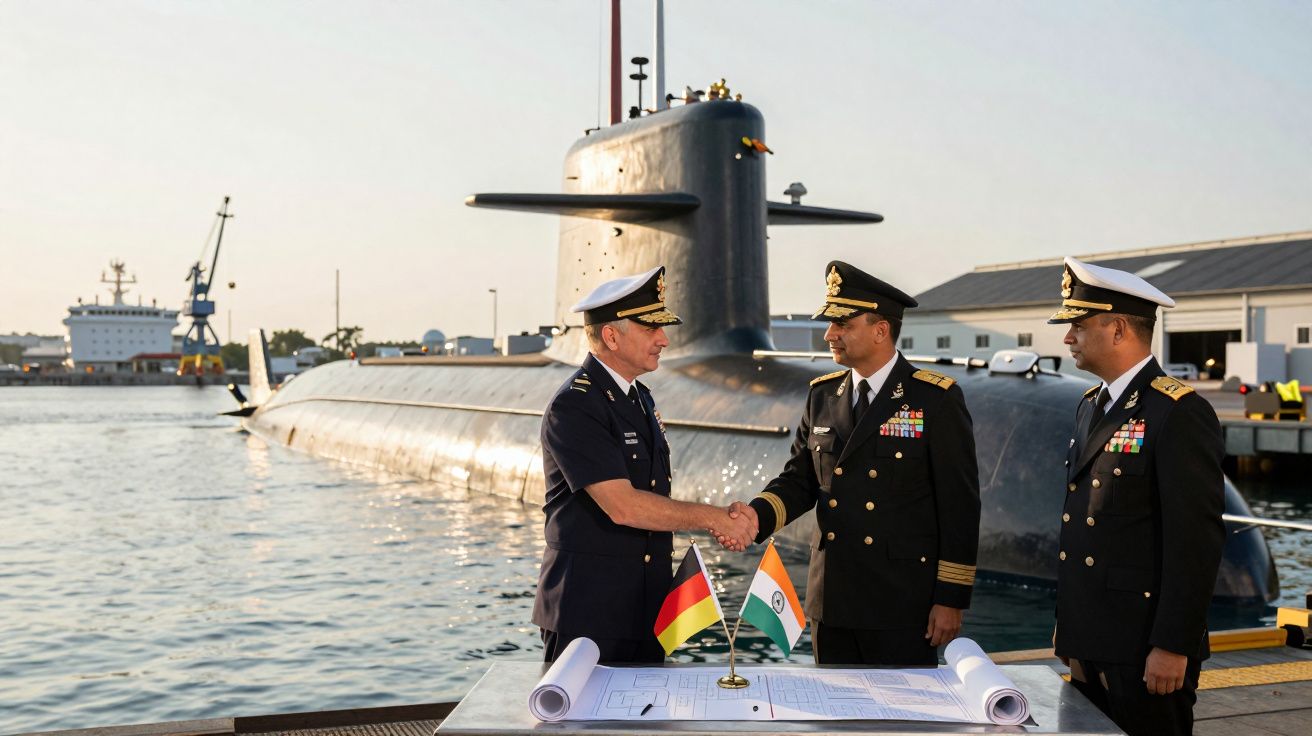 Dois oficiais militares apertam as mãos à frente de um submarino no porto, com uma bandeira da Alemanha e Índia na mesa.