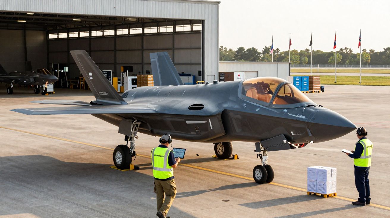 Avião militar furtivo estacionado na pista com dois técnicos de segurança em coletes refletivos.