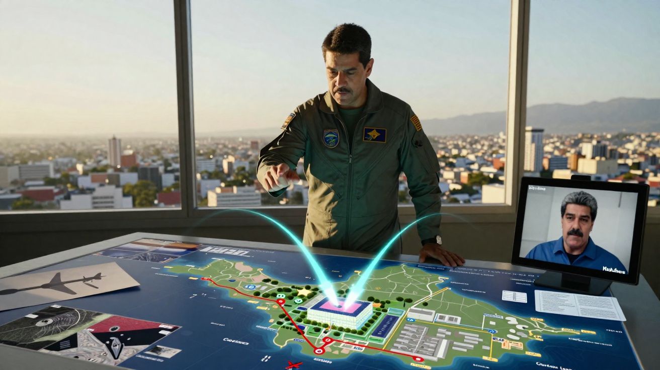 Homem com fato militar planeia missão aérea numa mesa digital interativa com mapa táctico e videoconferência.