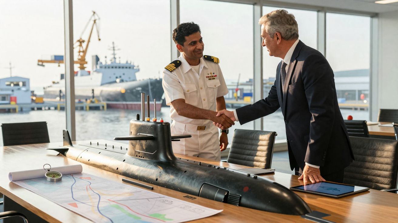 Oficial naval e homem de negócios apertam as mãos junto a modelo de submarino numa sala com vista para o porto.
