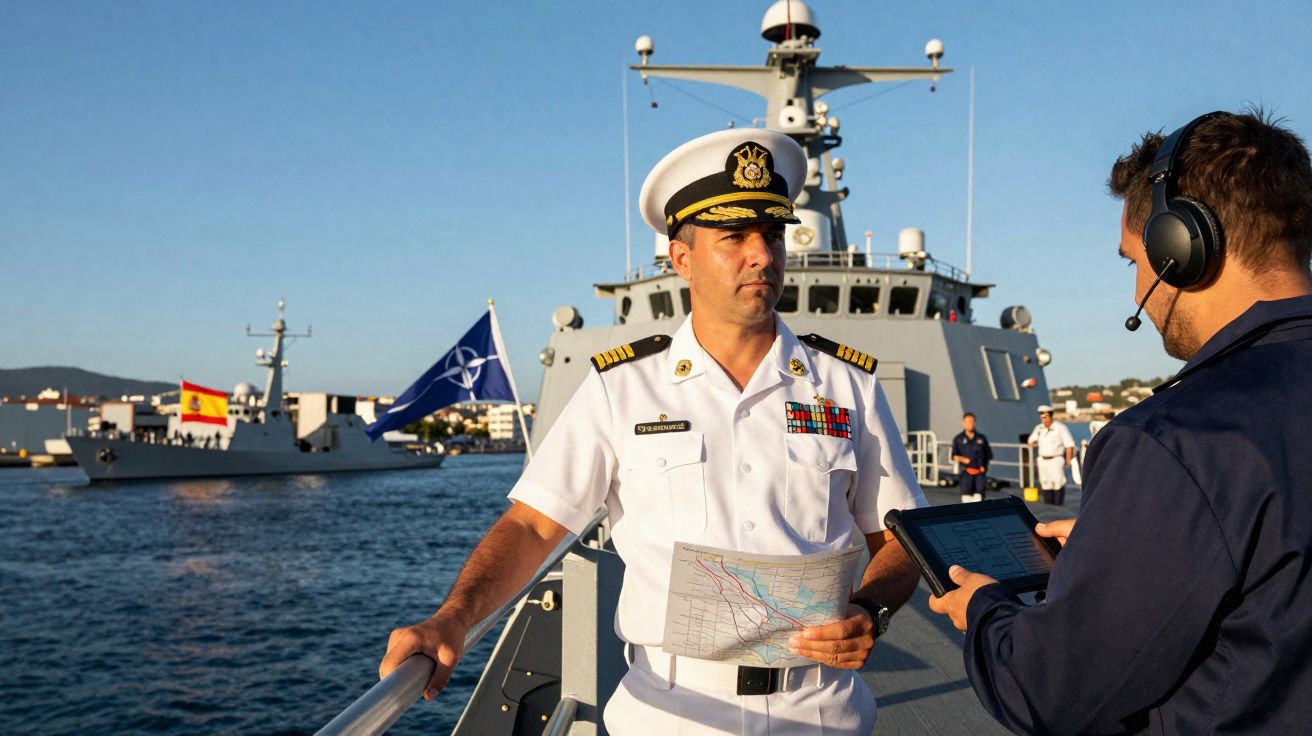 Oficial naval em uniforme branco com mapa, acompanhado por militar com tablet, em fragata com bandeiras da Espanha e NATO ao 