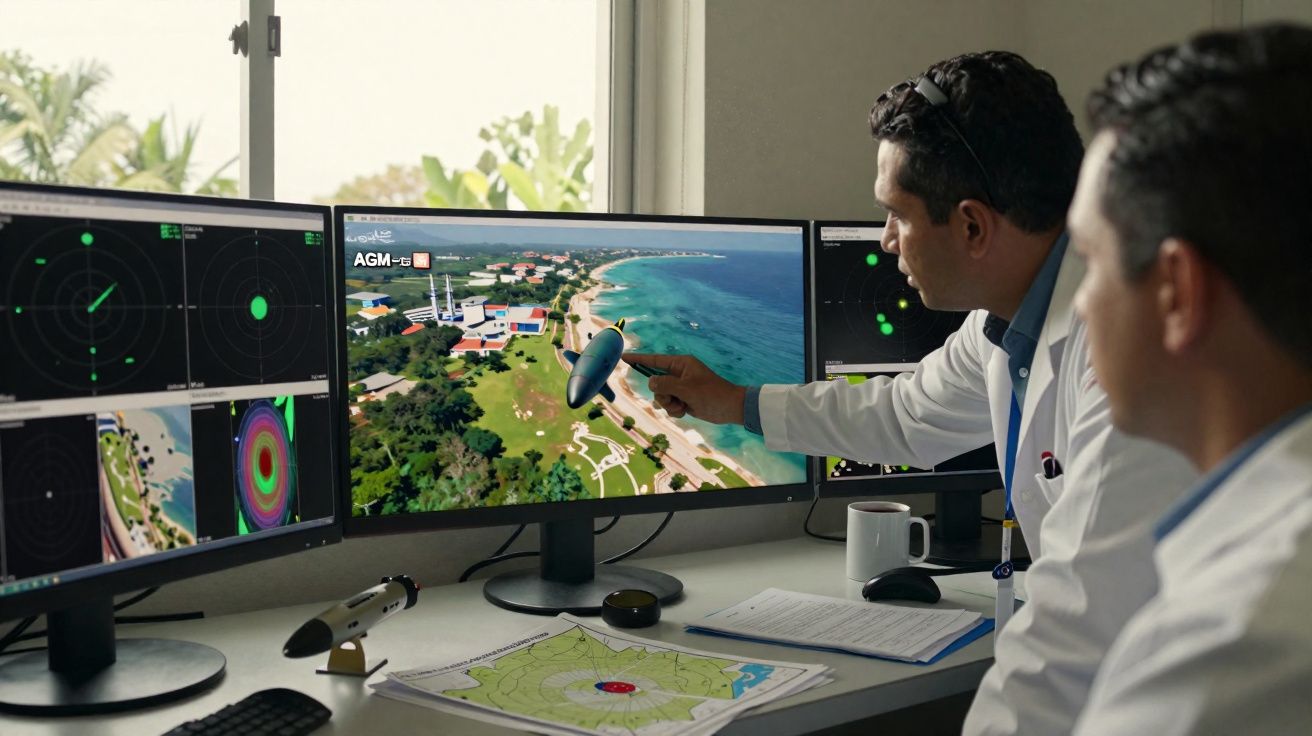 Dois homens em gabardina branca analisam imagens de radar e mapas numa mesa de controlo.