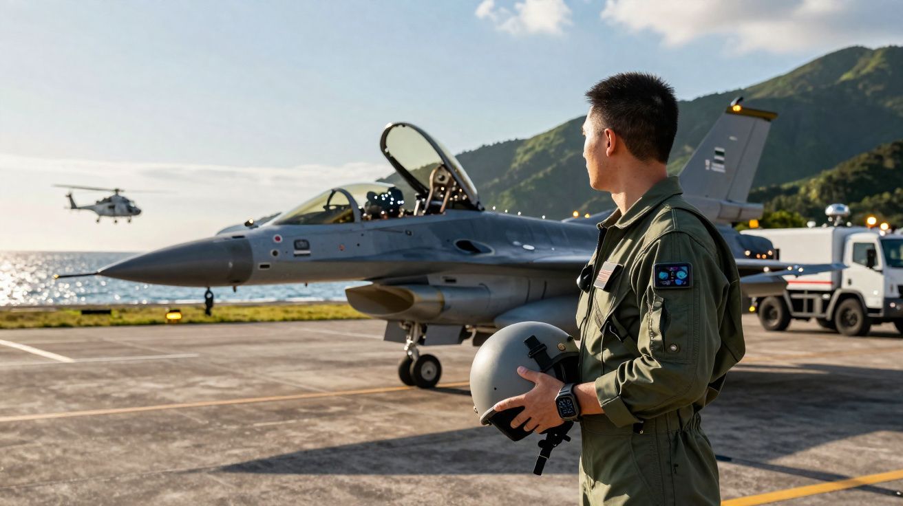 Piloto militar com fato verde segura capacete junto a jato F-16 numa pista com helicóptero ao fundo sobre o mar.
