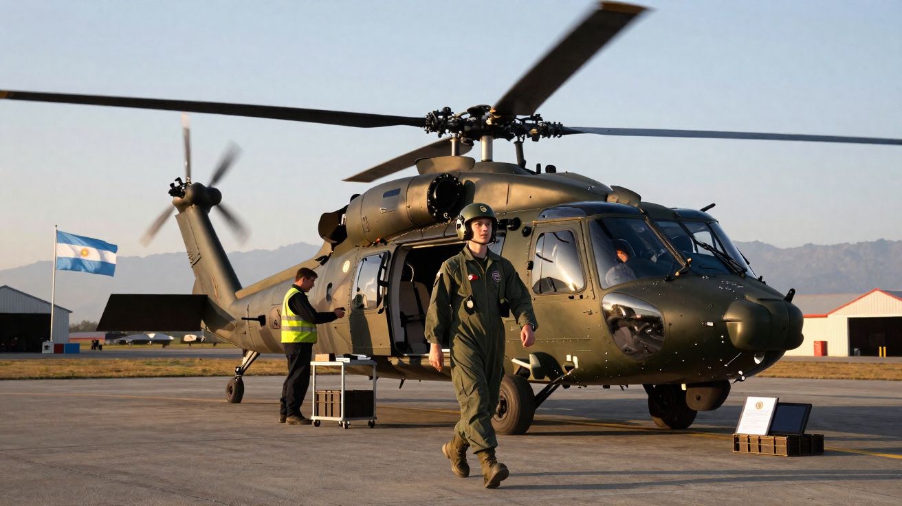 Helicóptero militar em pista com dois militares em uniforme, bandeira da Argentina ao fundo.