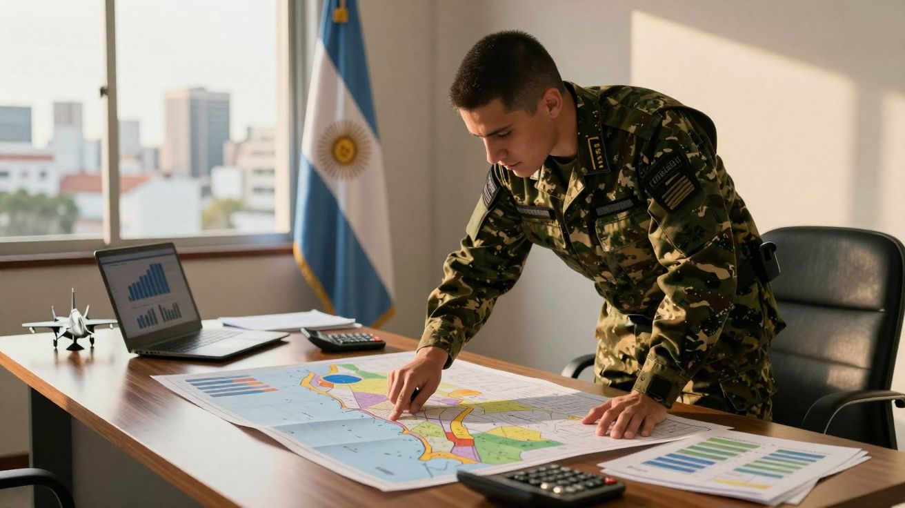 Militar em uniforme camuflado analisa mapa colorido sobre mesa de escritório com bandeira da Argentina ao fundo.