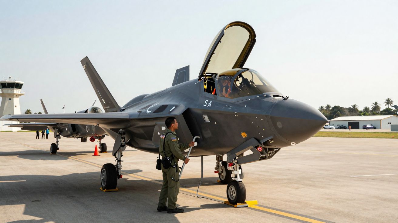 Avião militar estacionado, piloto dentro da cabine aberta e pessoal de apoio na pista de um aeroporto.