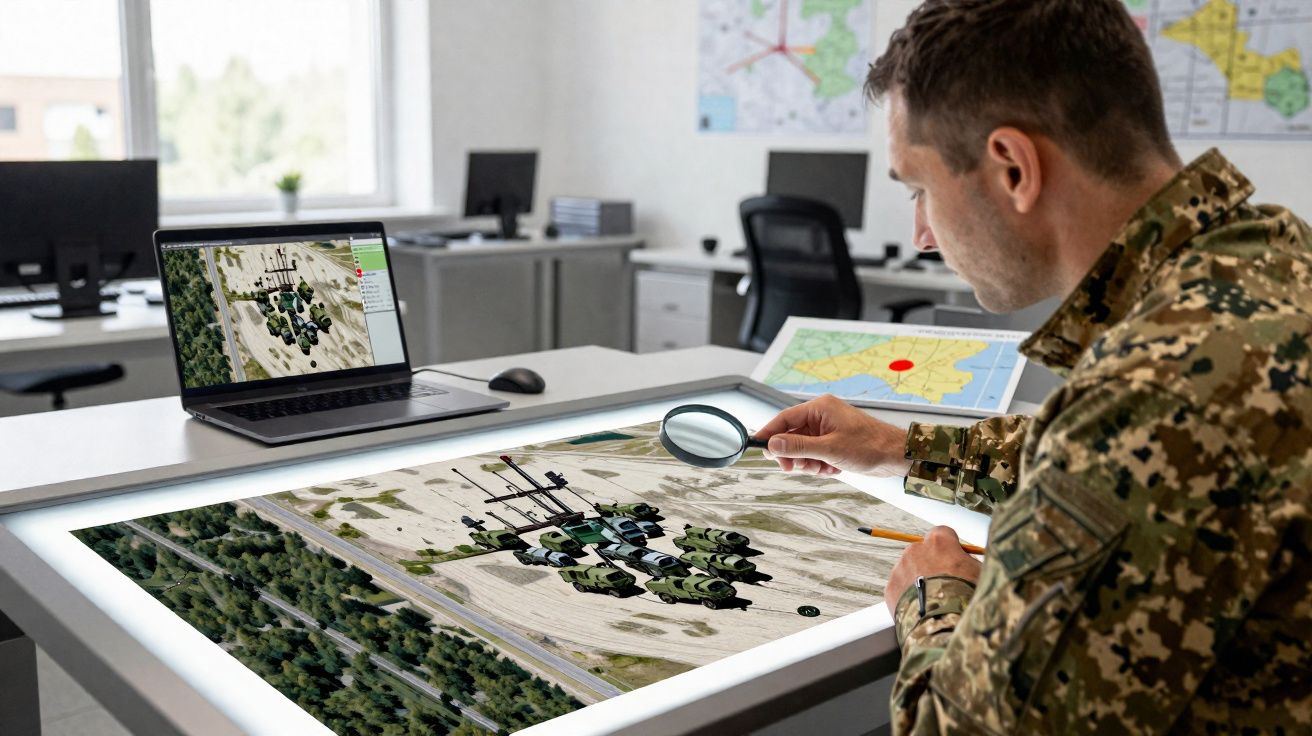 Soldado em farda analisa mapas táticos numa mesa digital com uma lupa, num escritório moderno.