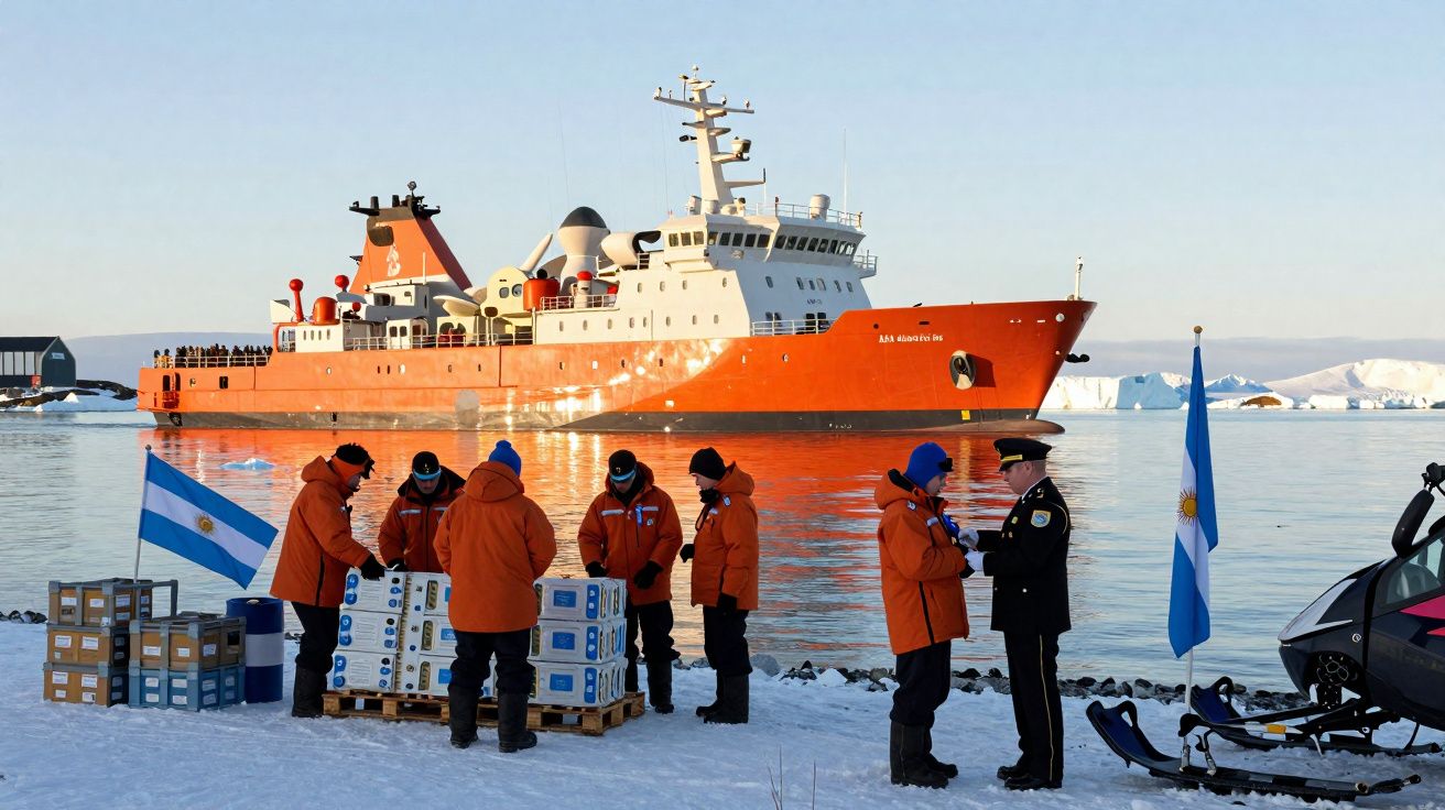 Equipa em anoraks laranja desembarca caixas na neve junto a bandeiras argentinas, com navio de pesquisa no fundo.