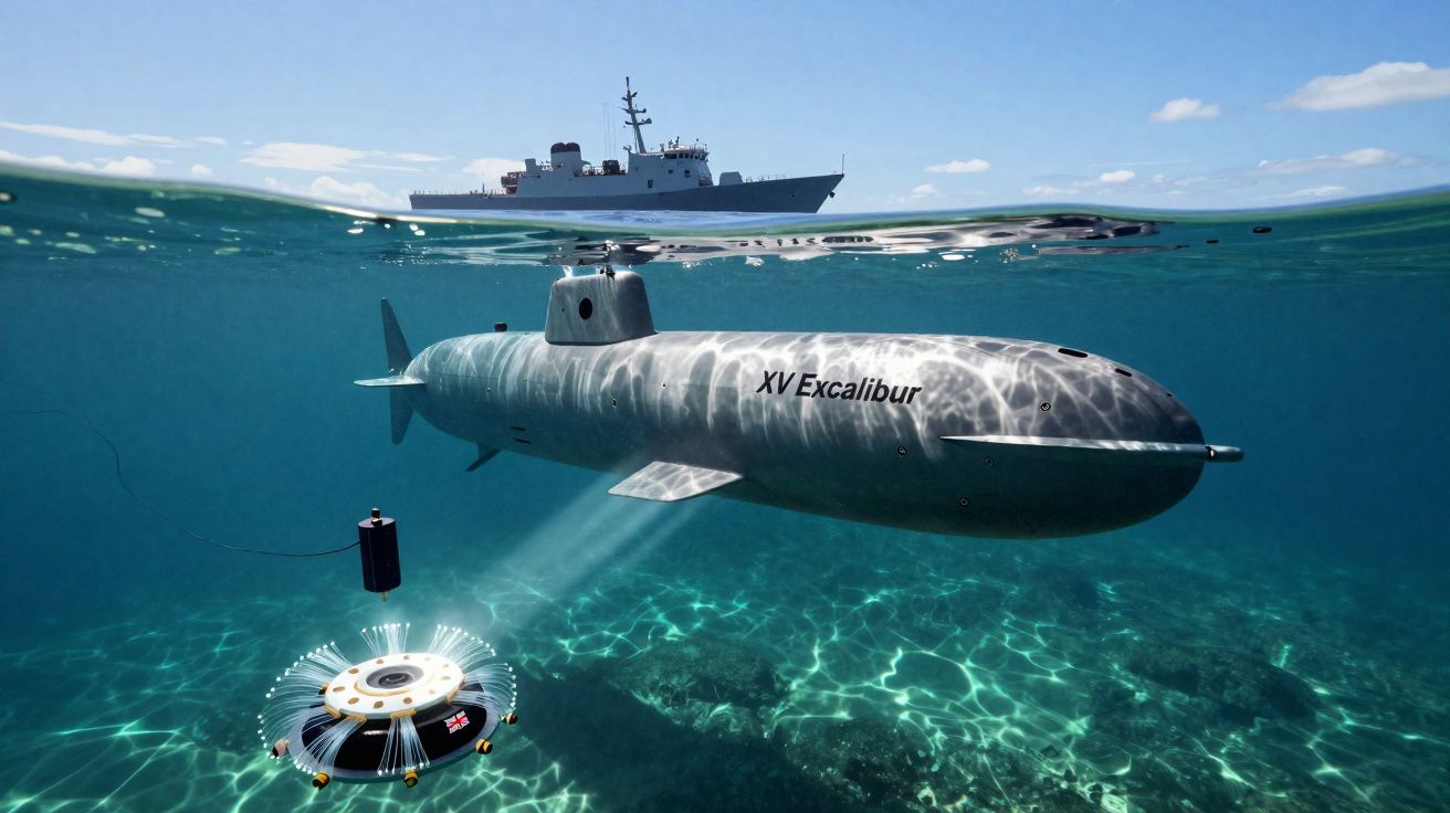 Submarino autónomo XV Excalibur a explorar o fundo do mar com navio de guerra na superfície.