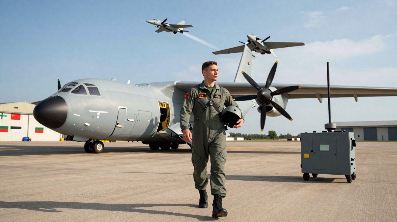 Piloto militar com fato de voo a caminhar numa base aérea junto a avião de transporte e drones no céu.