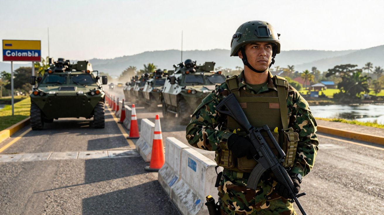 Soldado camuflado armado em estrada junto a viaturas blindadas com placa de fronteira da Colômbia ao fundo.