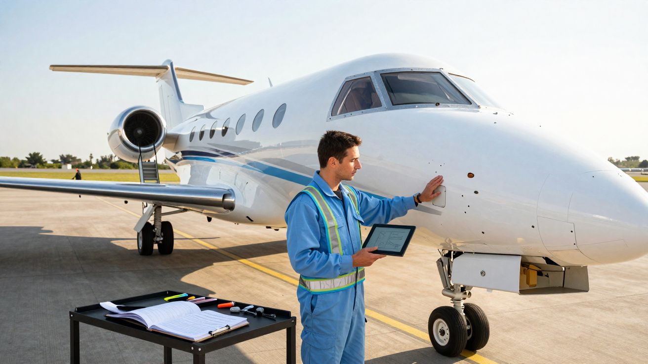 Técnico inspeciona a fuselagem de um jato privado numa pista de aeroporto sob luz solar.