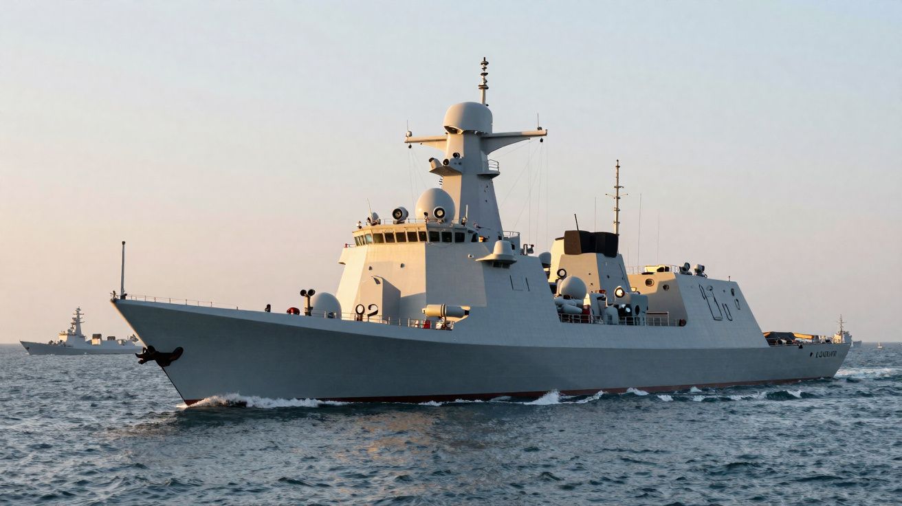 Fragata militar cinzenta navegando no mar ao pôr do sol com outros navios ao fundo.