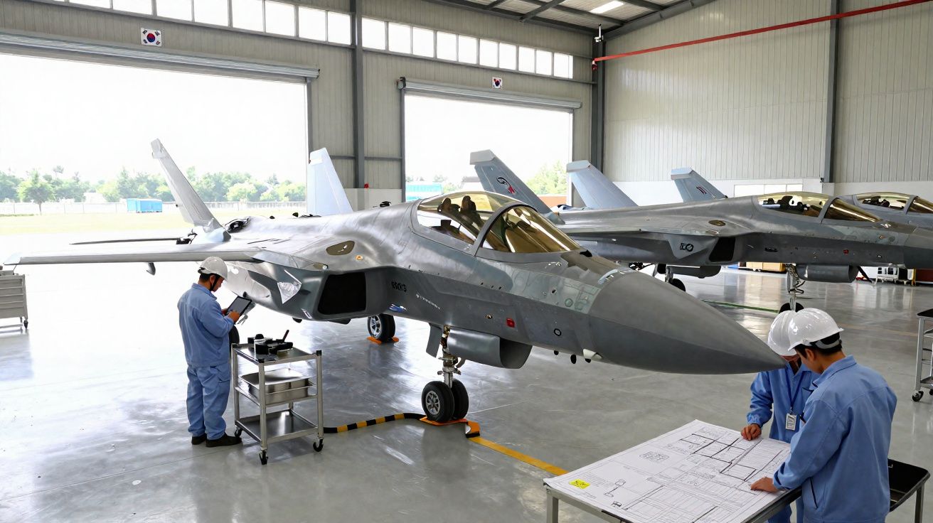 Dois técnicos em uniforme azul e capacete branco na manutenção de aviões militares num hangar amplo e iluminado.