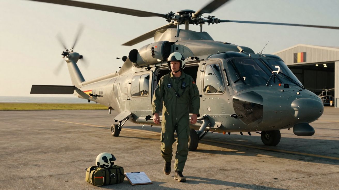 Piloto militar em fato verde e capacete caminha perto de helicóptero cinzento numa pista com equipamentos no chão.