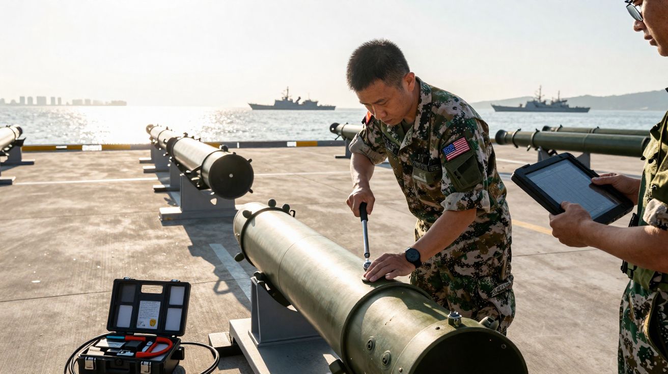 Militares em uniforme camuflado realizam manutenção em torpedos alinhados num convés junto ao mar.