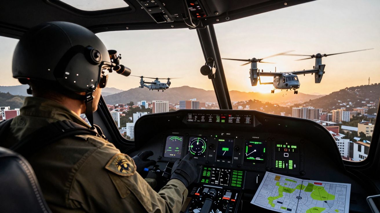 Piloto militar em helicóptero com painel digital, a sobrevoar cidade ao pôr do sol, com dois helicópteros em formação.