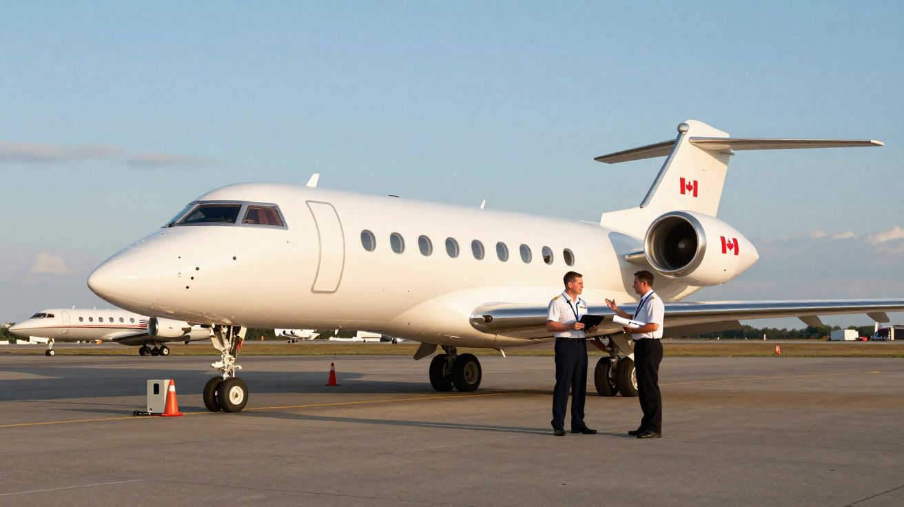 Avião privado branco no tarmac com duas pessoas em uniforme a conversar debaixo do avião.