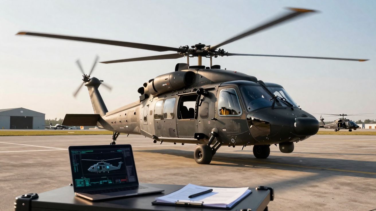 Helicóptero militar preto estacionado no chão com portátil e documentos numa mesa próxima.