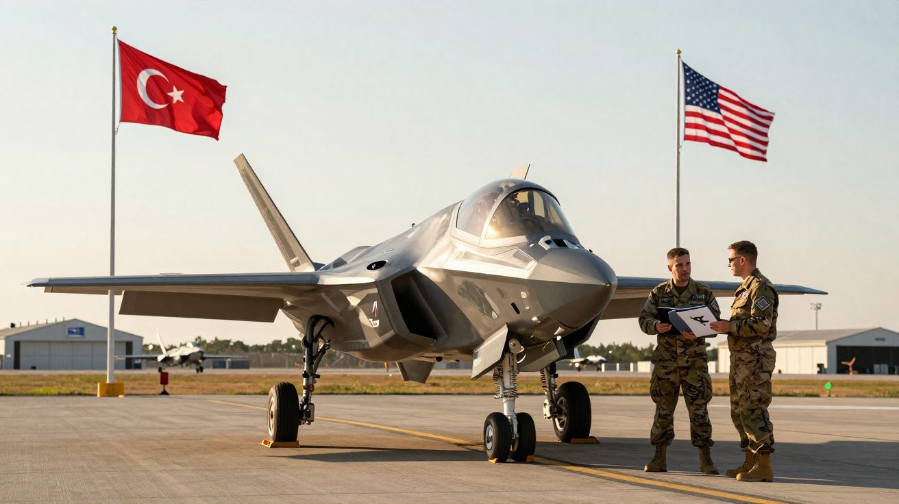 Avião de caça estacionado em pista com duas pessoas em uniforme militar e as bandeiras da Turquia e dos EUA ao fundo.