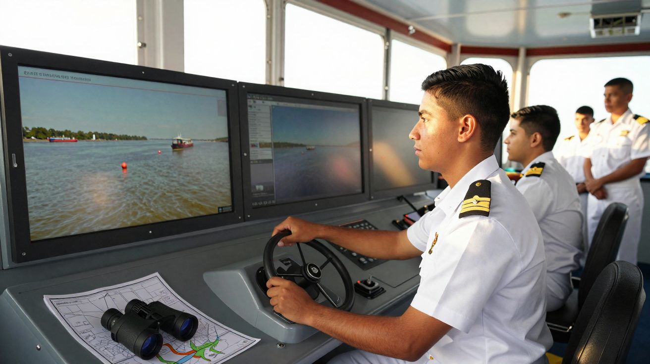 Marinheiros em uniforme branco a controlar um navio numa sala com ecrãs com vista para o rio.