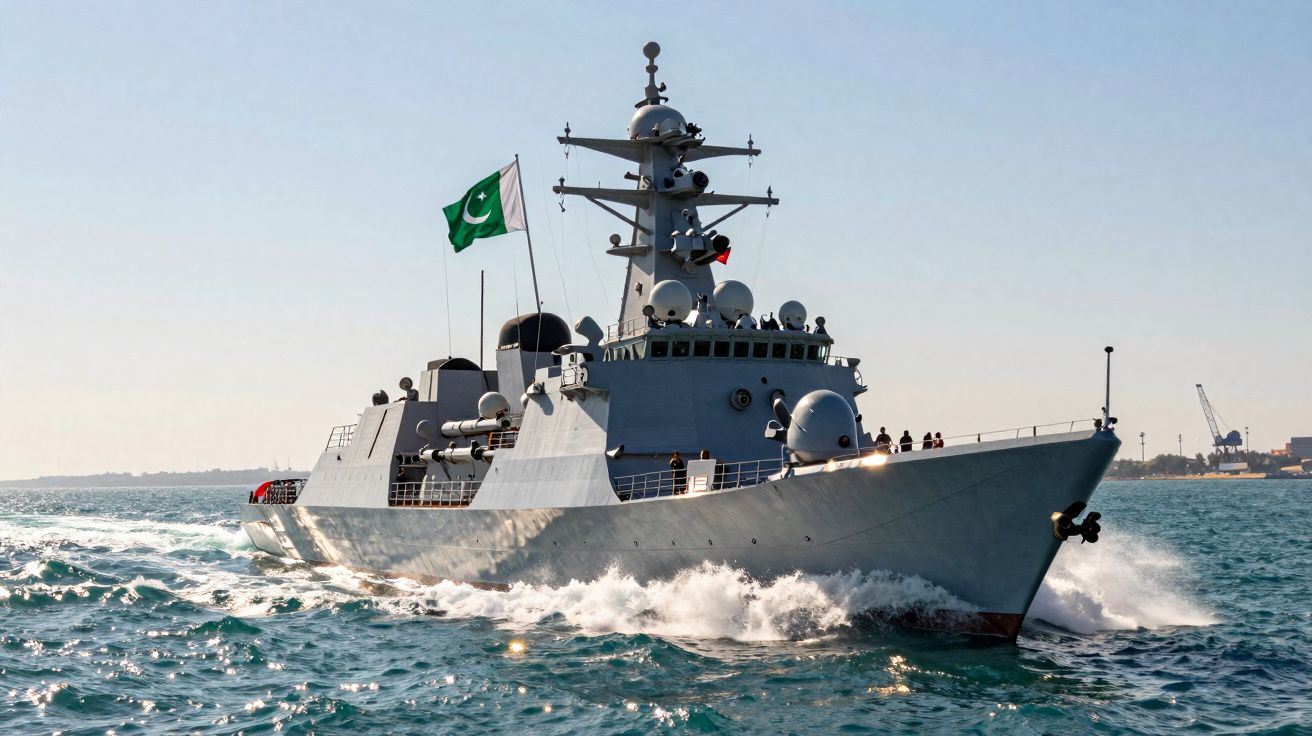 Navio de guerra em velocidade no mar com a bandeira do Paquistão hasteada ao vento.
