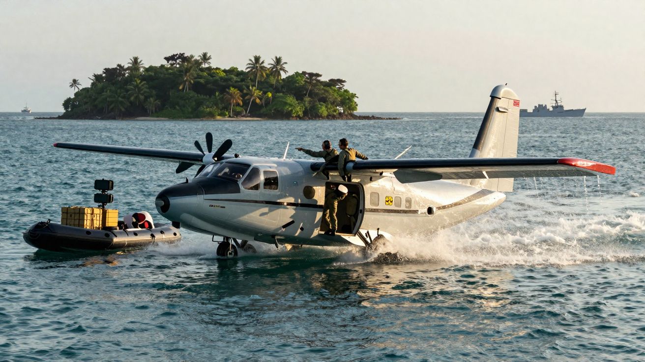 Avião de pequena dimensão aterra na água perto de ilha tropical com barco e navio ao fundo.