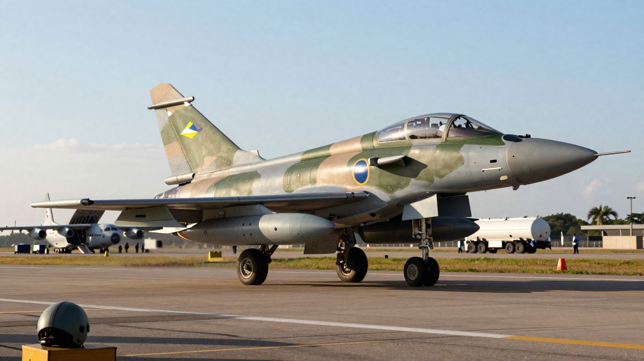 Avião militar camuflado à espera numa pista de aeroporto sob céu limpo.