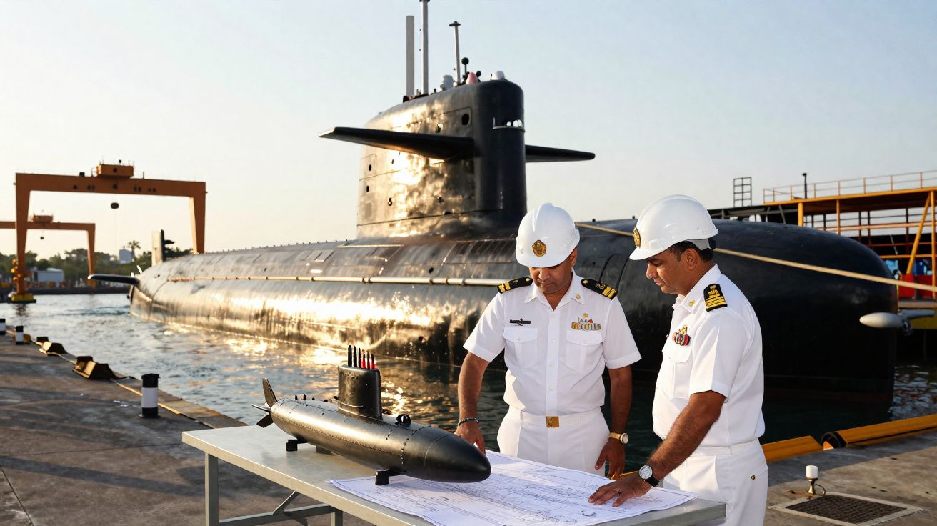 Dois oficiais da marinha em uniforme branco analisam plantas junto a modelo de submarino, com submarino real atracado ao fund