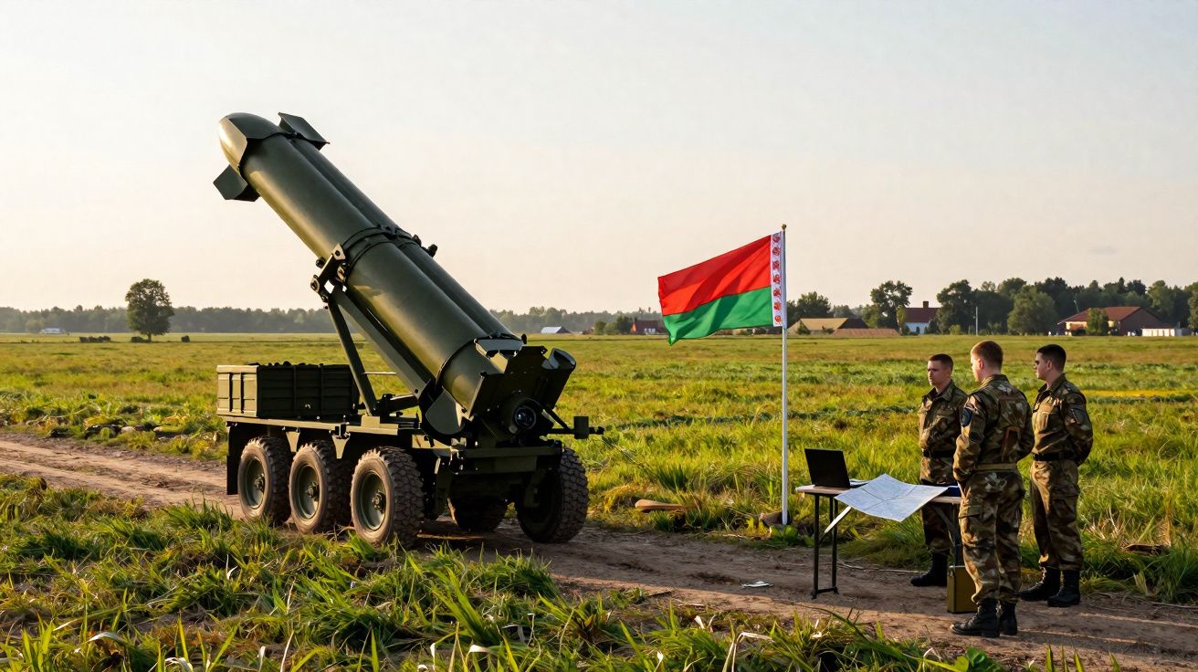 Soldados em uniforme observam lançamento de míssil em campo aberto com bandeira da Bielorrússia ao fundo.