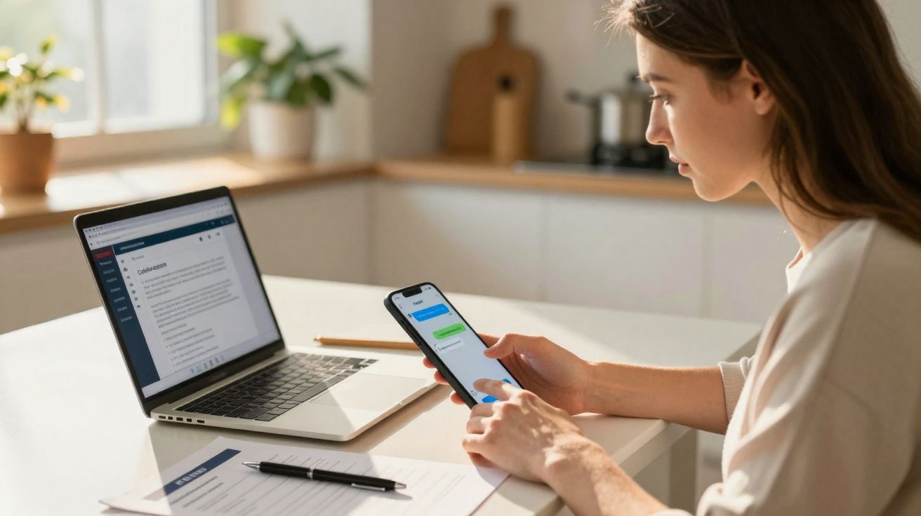 Mulher sentada numa mesa a ver mensagens no telemóvel com computador portátil e documentos à sua frente.