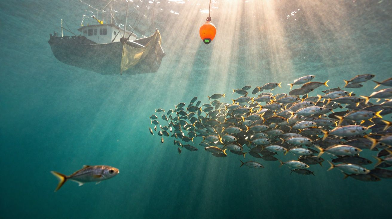 Banco de peixes nadando sob uma bóia laranja com barco de pesca ao fundo sob águas iluminadas.