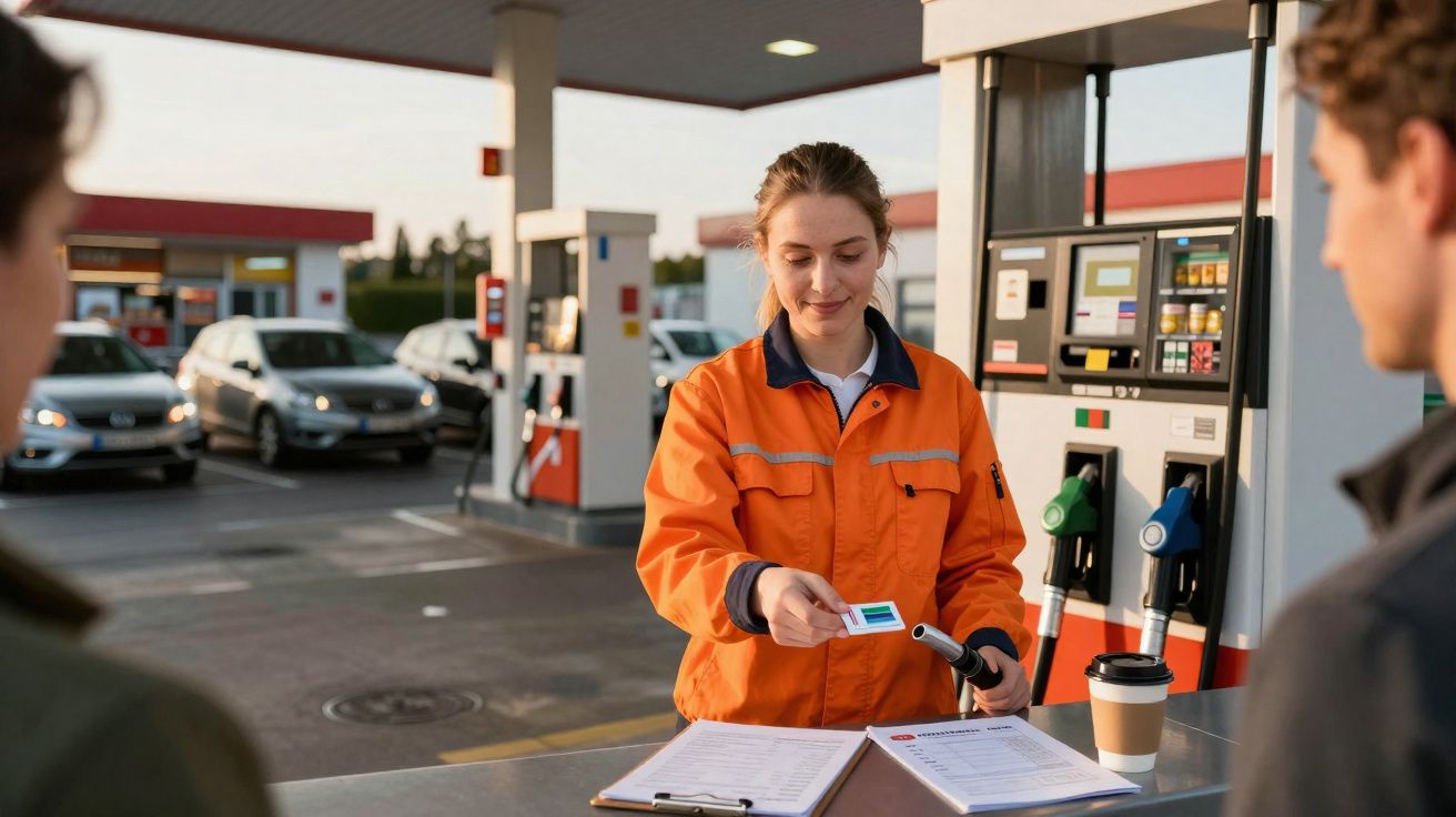 Funcionária de posto de combustível a aceitar pagamento com cartão de cliente junto à bomba de gasolina.