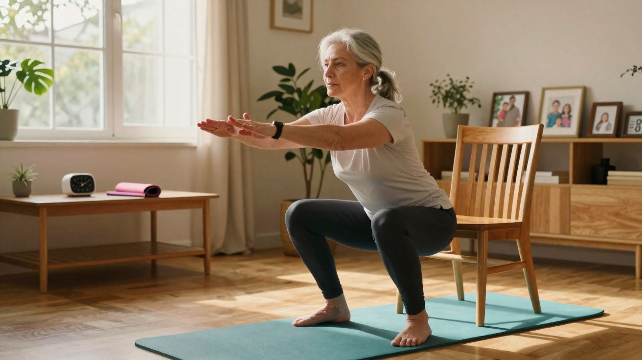 Mulher sénior a fazer agachamentos com apoio de cadeira numa sala iluminada e confortável.