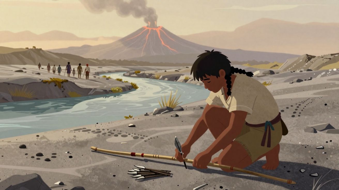 Criança indígena prepara flechas perto de rio com vulcão ativo a entrar em erupção ao fundo.
