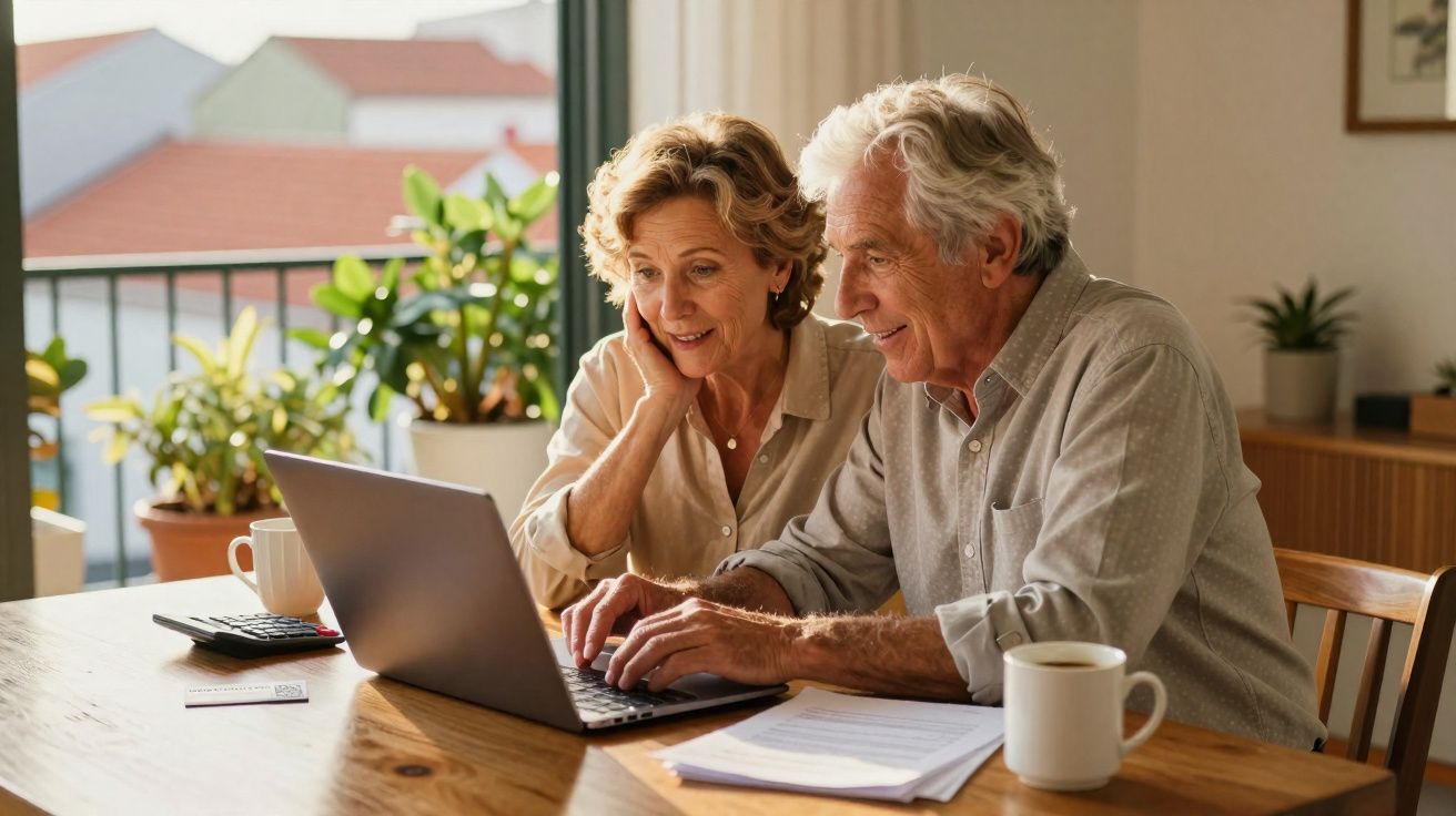 Casal sénior sentado à mesa a usar um portátil, com plantas e luz natural ao fundo.