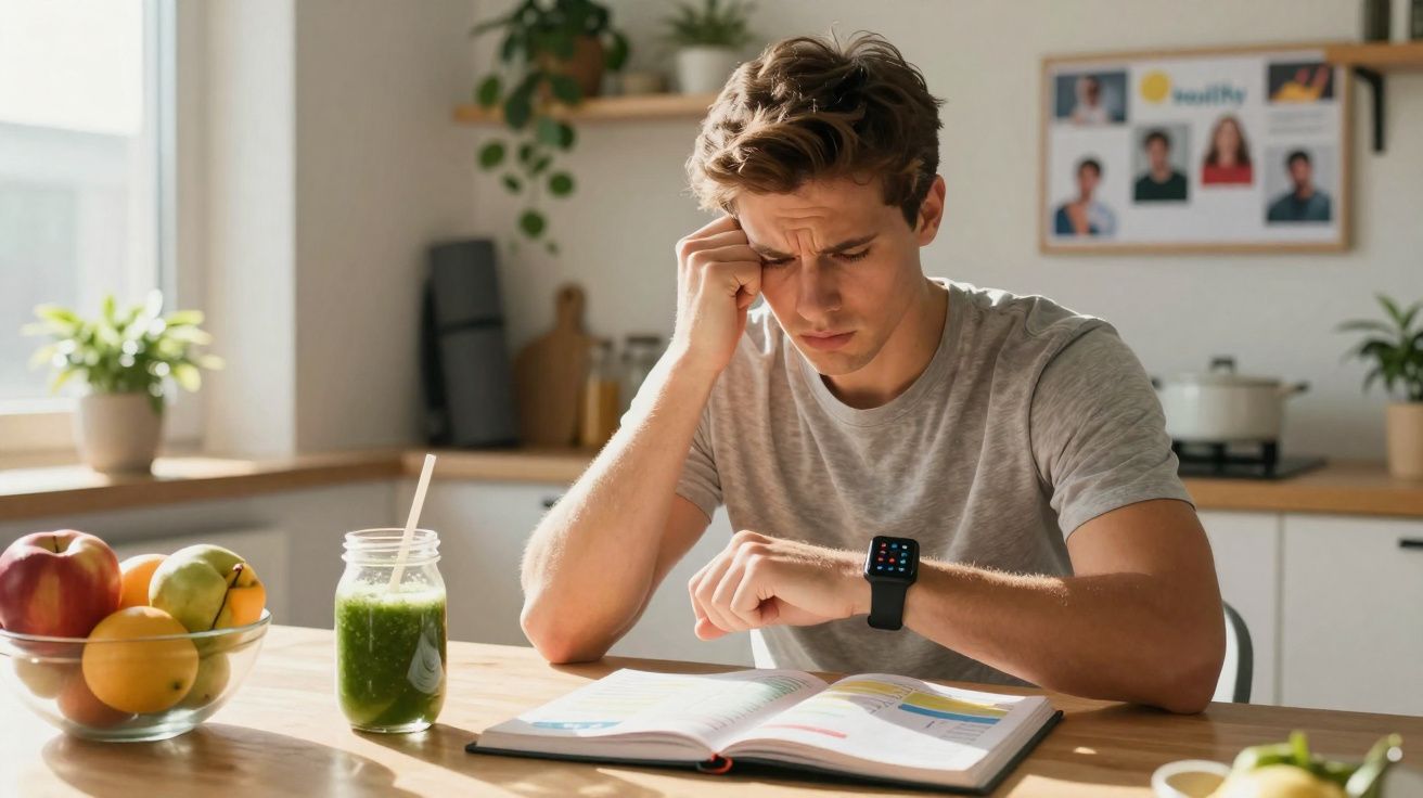 Jovem preocupado a olhar para o relógio enquanto estuda numa cozinha com frutos e smoothie verde à sua frente.