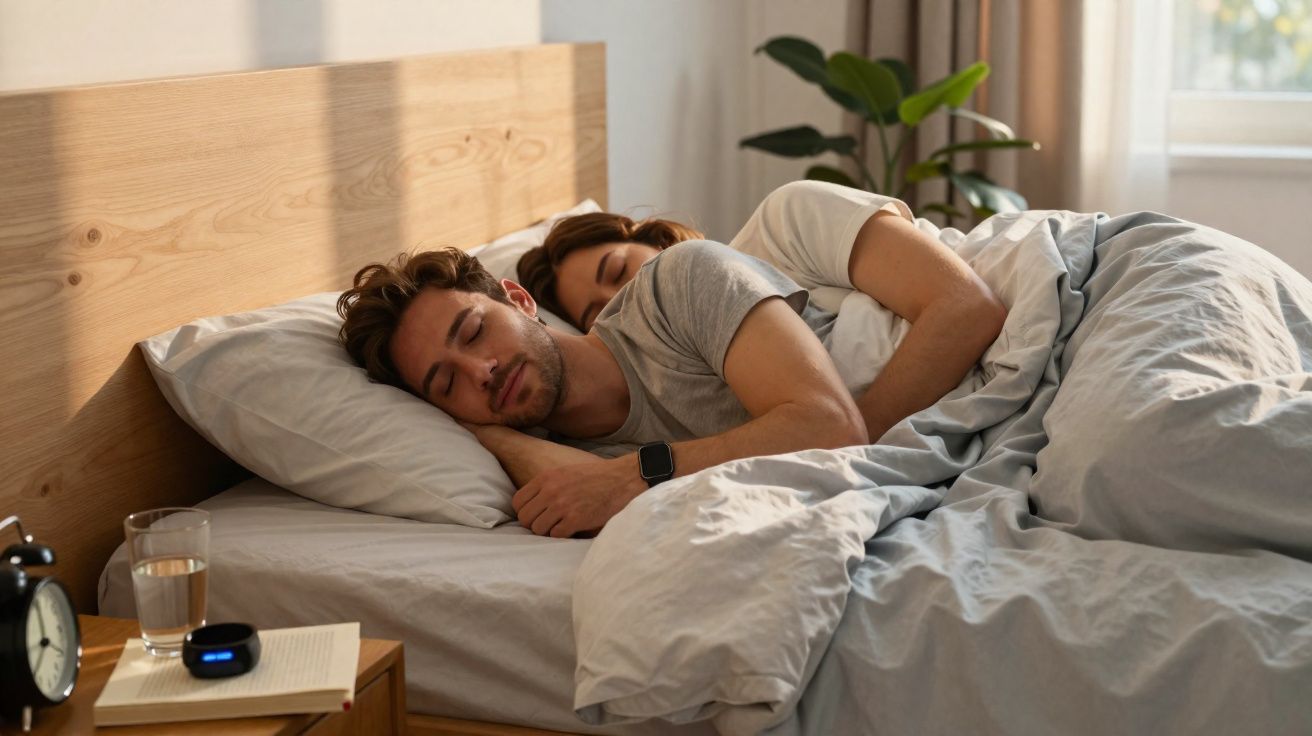 Casal jovem a dormir abraçado em cama com lençóis cinzentos num quarto iluminado pela manhã.