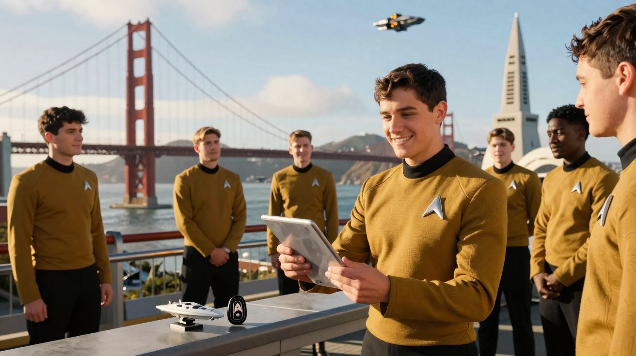 Grupo de jovens com fardas amarelas junto à ponte Golden Gate, olhando para dispositivo futurista ao ar livre.