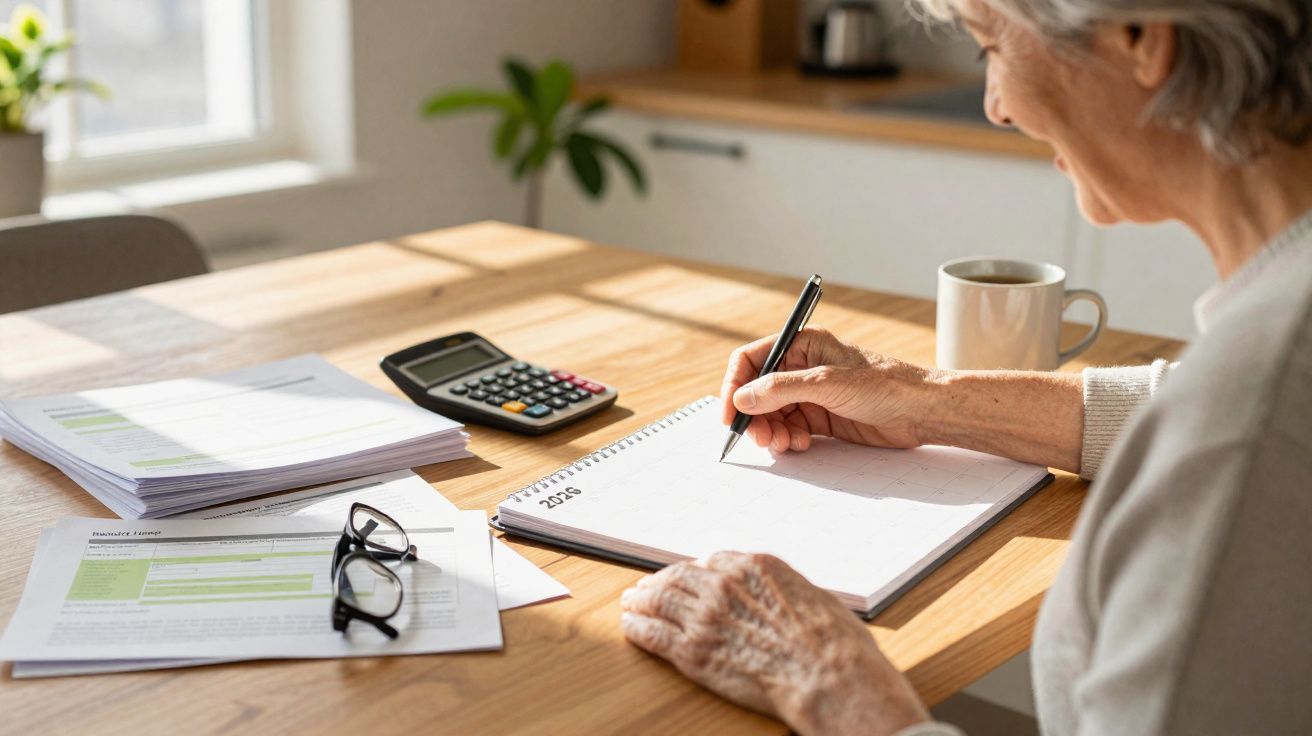 Pessoa idosa a escrever num caderno com documentos, calculadora, óculos e chávena numa mesa de madeira.