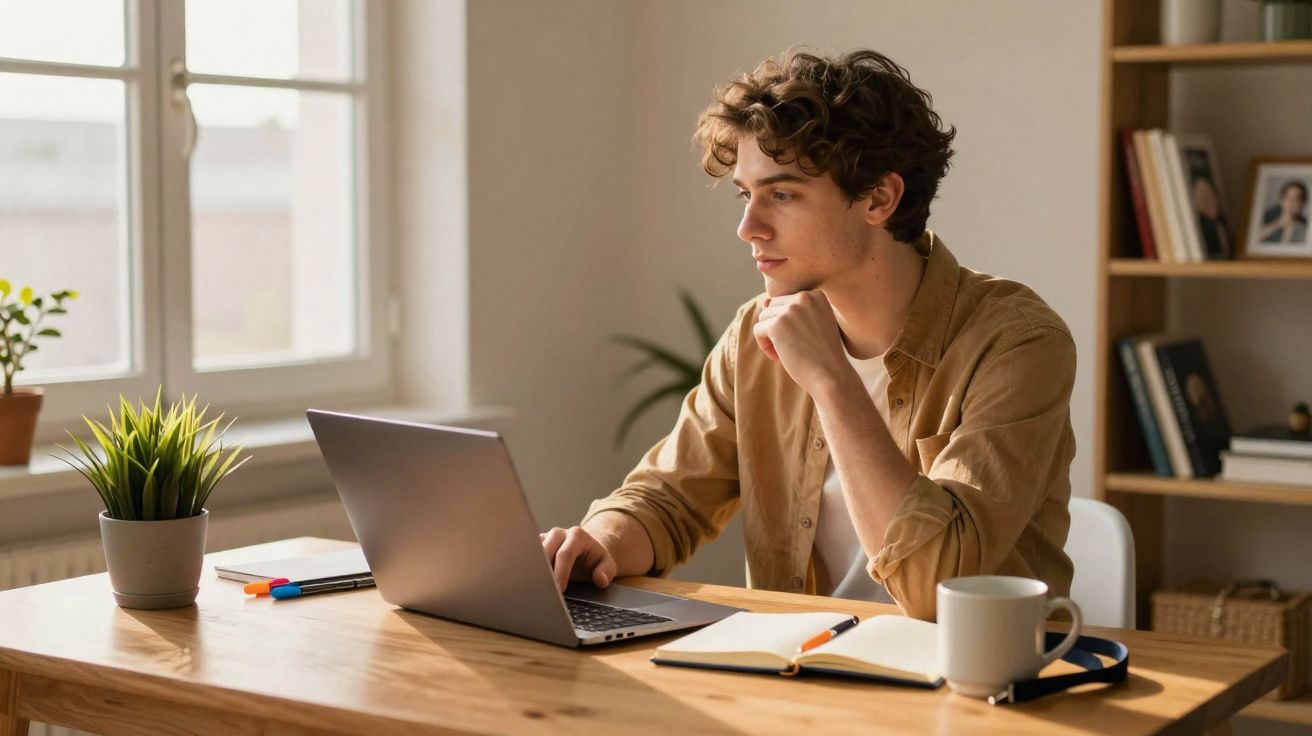 Jovem sentado à mesa a trabalhar no portátil com caderno, caneta e chávena num ambiente tranquilo e iluminado.